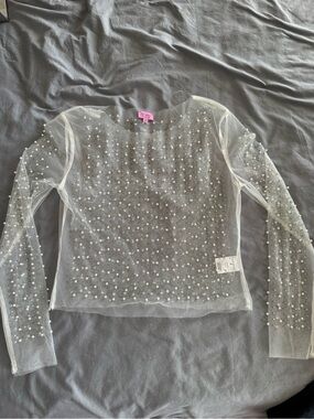 Sheer Pearl-Embellished Long Sleeve Top - White